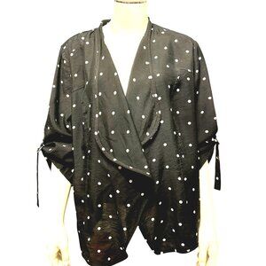 Chicos Black Polka Dot Cardigan Lightweight Open Front Blouse Roll Tab Sleeves